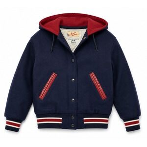 Vintage Ripon Jackets 80s Wool Varsity Bomber Navy Blue Red Zip Hood Kids 36